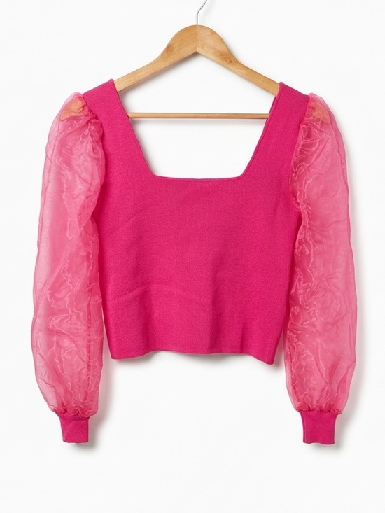 House of Harlow 1960 Tops - House of Harlow Women’s 1960 hot pink sheer puff long sleeve cropped knit top S